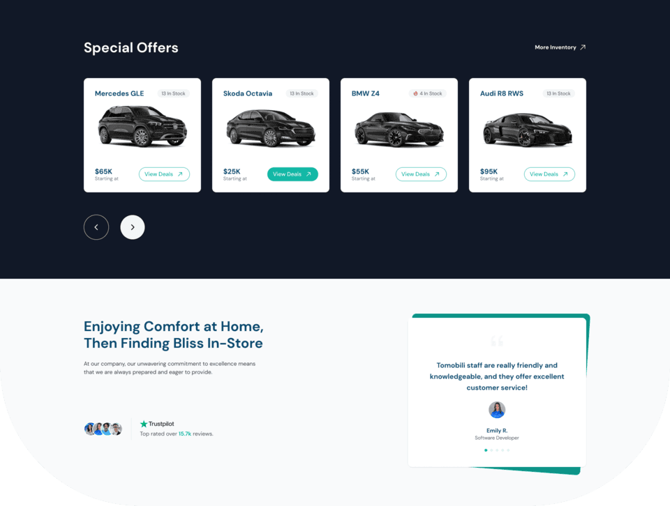 dealership ui,car listing,car listing ui,car showcase ui,dealership special offer,testimonial card ui,testimonial slide