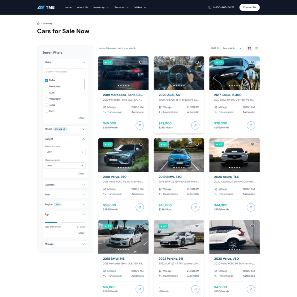 cars listing ui,cars showcase ui,car card with slide,car filter sidebar ui,cars listing page ui,dealership ui