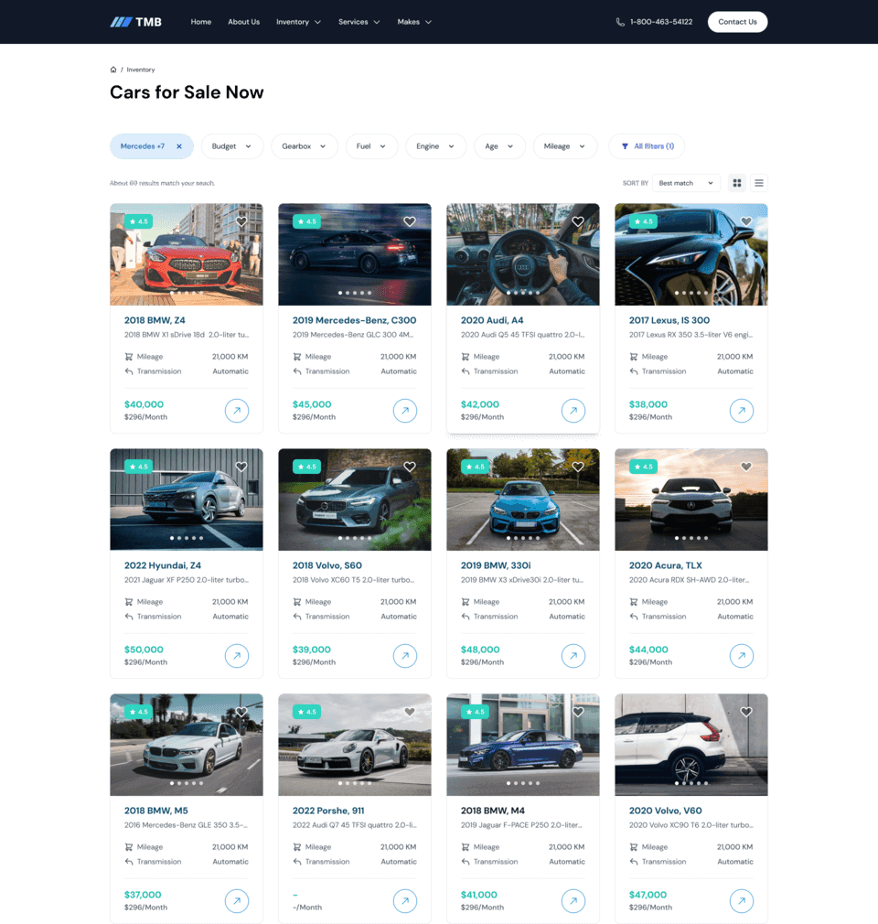 cars listing page ui,dealership cars listing ui