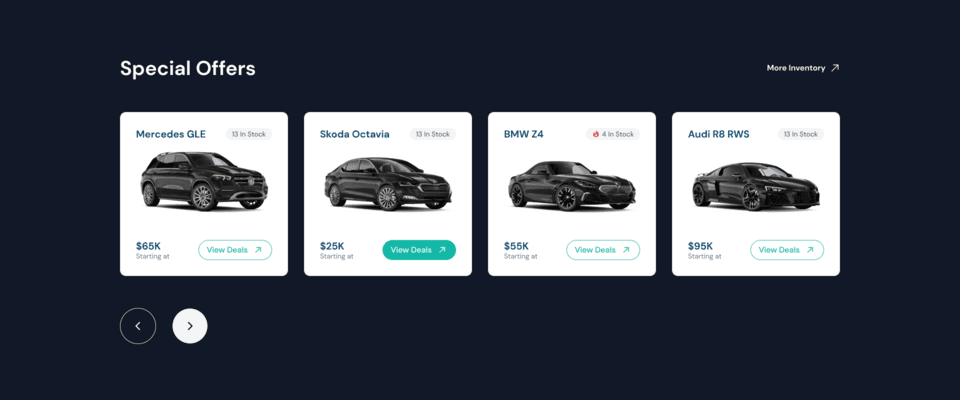 cars listing ui,car dealership ui,dealership special offers ui,dark ui