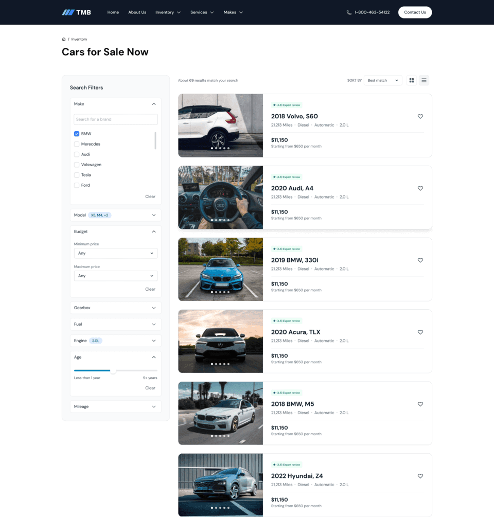 cars listing ui,sidebar filter ui,dealership ui,list cards ui