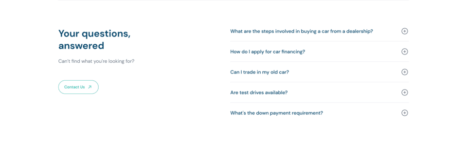 FAQ section ui,FAQ section ui with CTA,Collapsible faq ui,dealership
